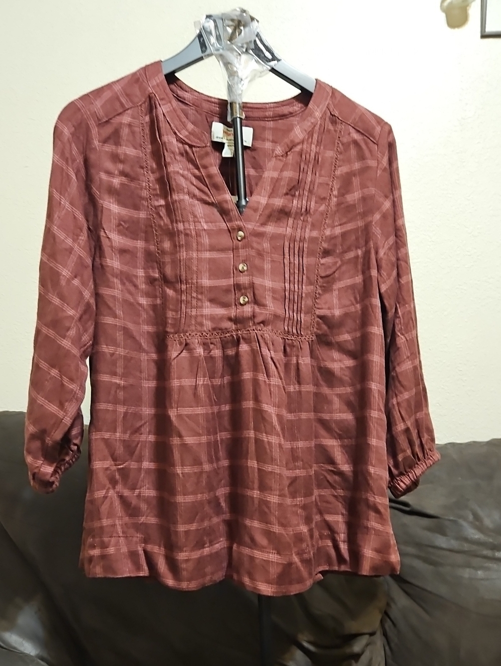 Wrangler Brown Plaid Pintuck V-Neck Tunic